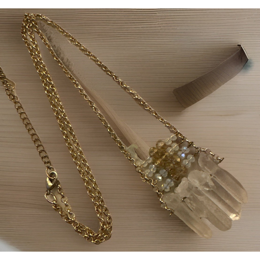 Gold Tone Quartz Crystal Points and Faceted Crystal Statement Necklace